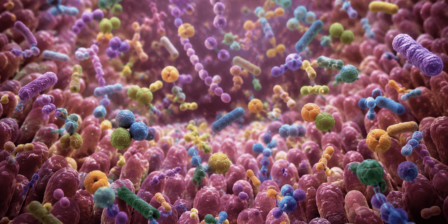 gut bacteria Illustration of the human gut microbiome ecosystem showing diverse bacterial communities in the digestive tract