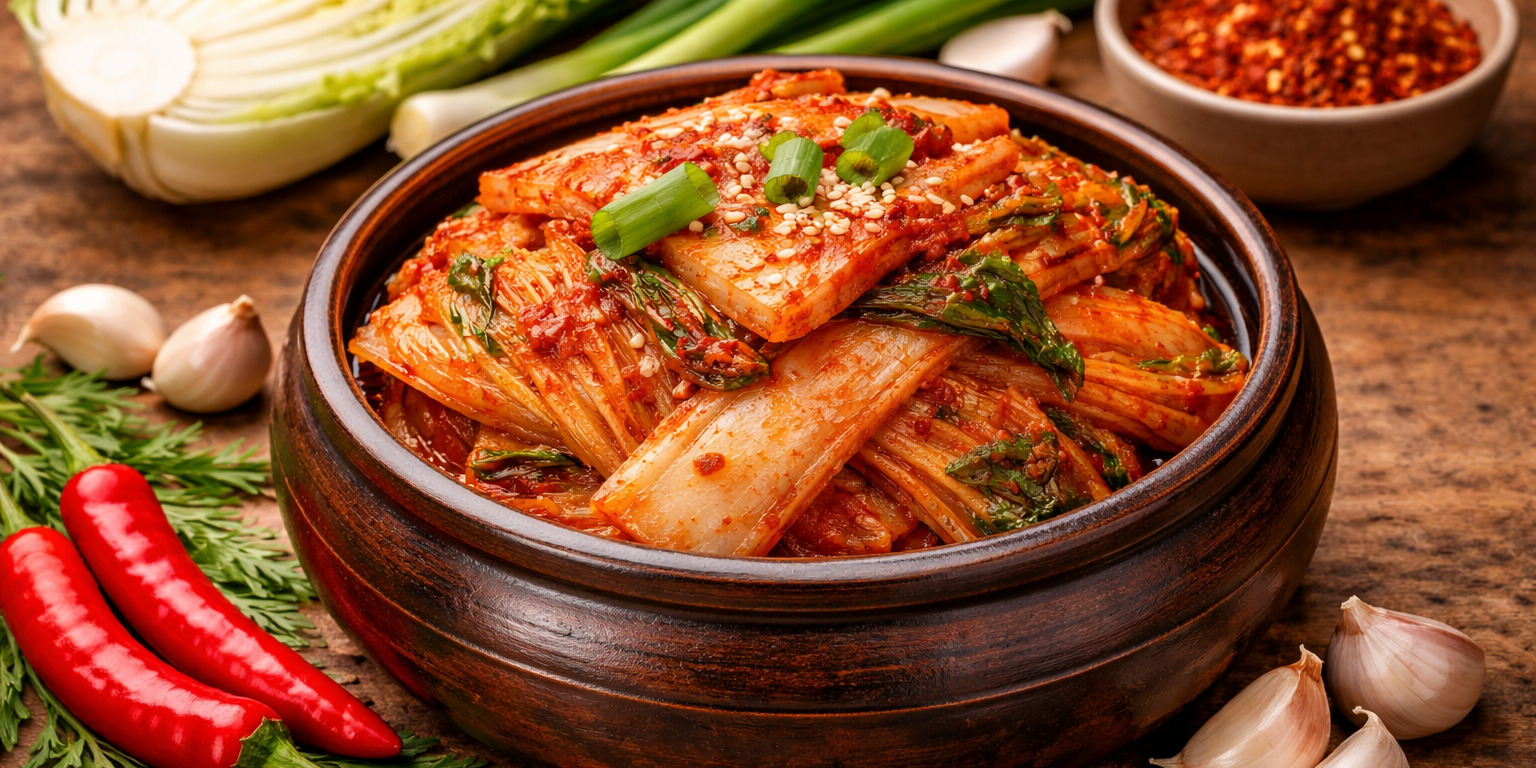 Fresh kimchi with vibrant ingredients gut health, kimchi, kimchi probiotic nanoplastics removal