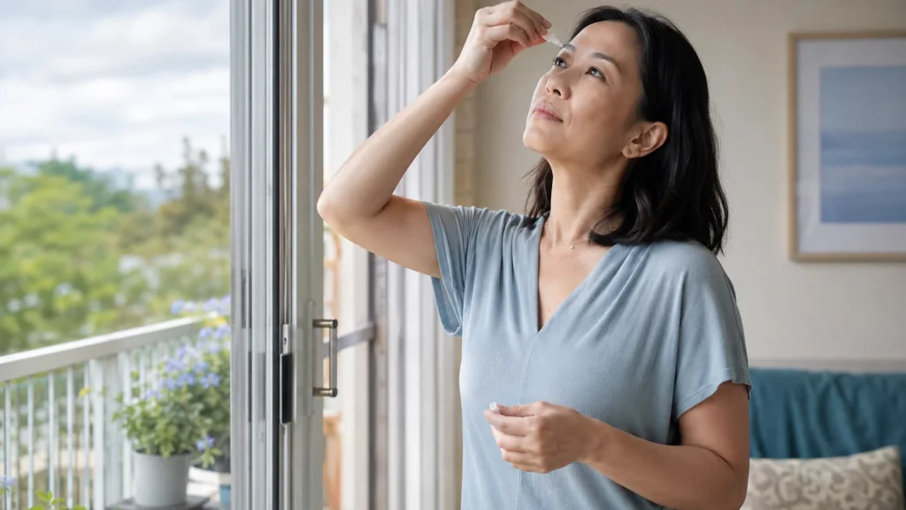 A woman standing at an open balcony door holding a glass of water, one hand raised to her forehead.