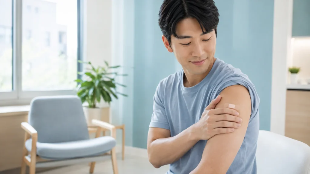 A young adult in a bright clinic room with a sleeve rolled up, one hand resting over the upper arm.