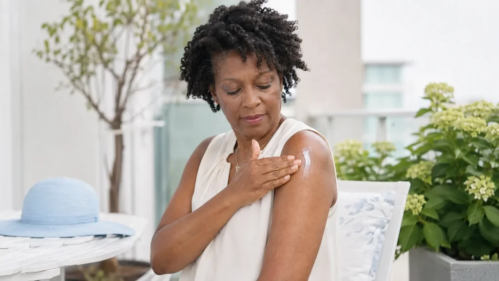 An adult applying moisturiser to the skin of the upper arm.