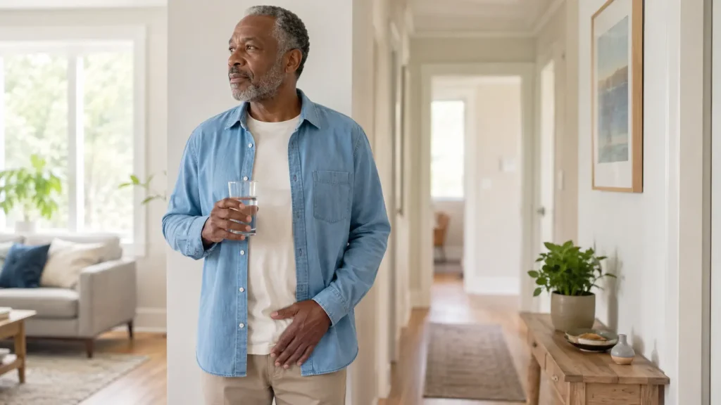An adult standing at home holding a glass of water.