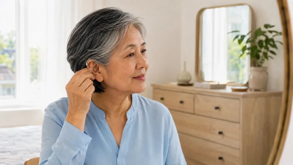 An older adult touching one ear while sitting at home.