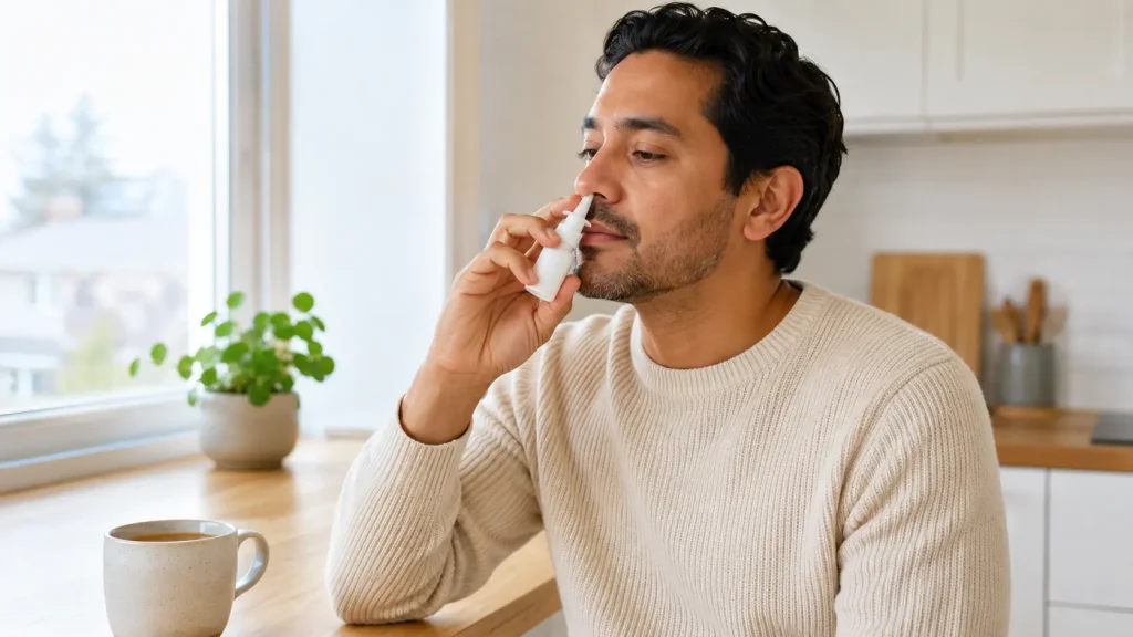 An adult using a nasal spray at home.