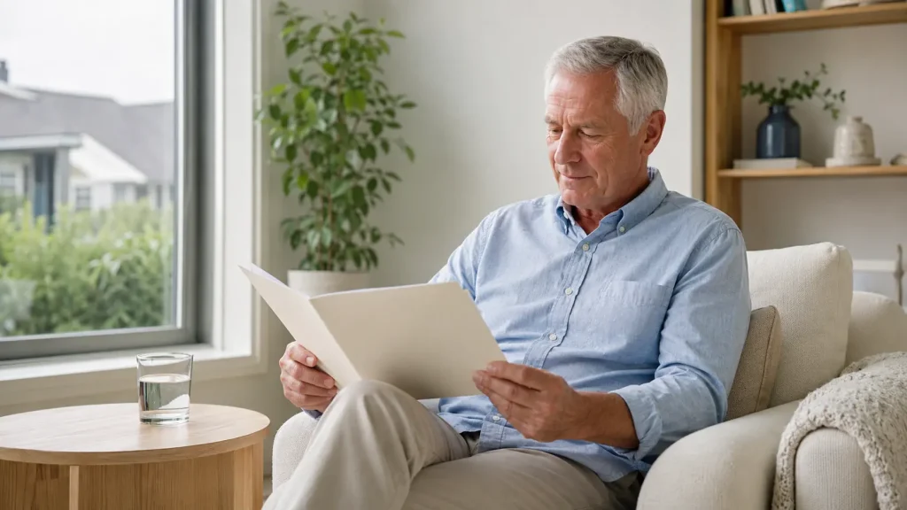 An older man sitting in an armchair at home, reading from a tablet.