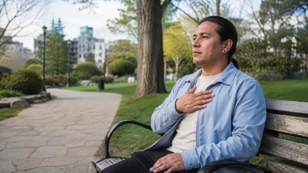 An adult sitting on a park bench with one hand on the chest, taking a slow breath.