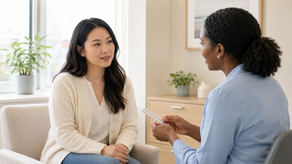 Two people in conversation, one holding a blister pack of tablets while they talk it through.
