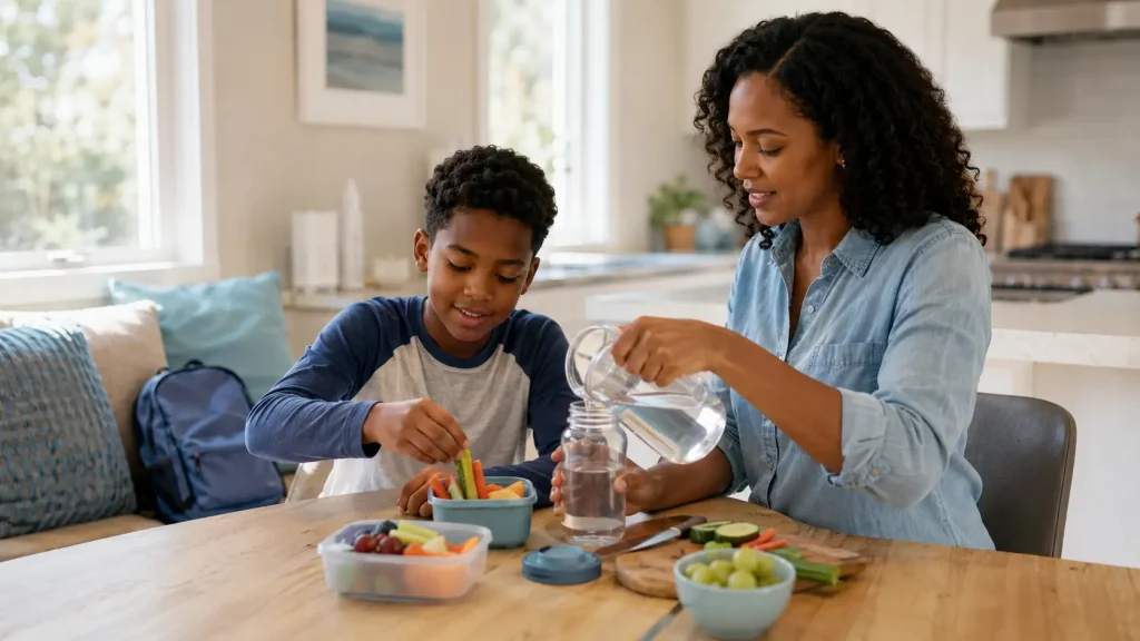 An adult and a child preparing a meal together at a kitchen table.