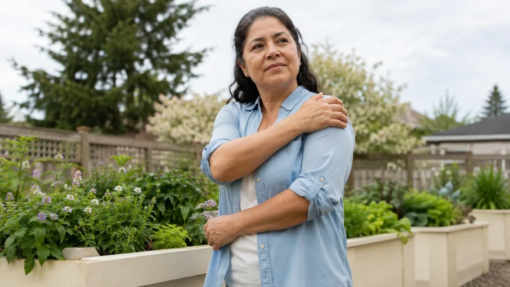 A woman standing outdoors beside raised garden beds on a bright day, one hand resting on her shoulder.