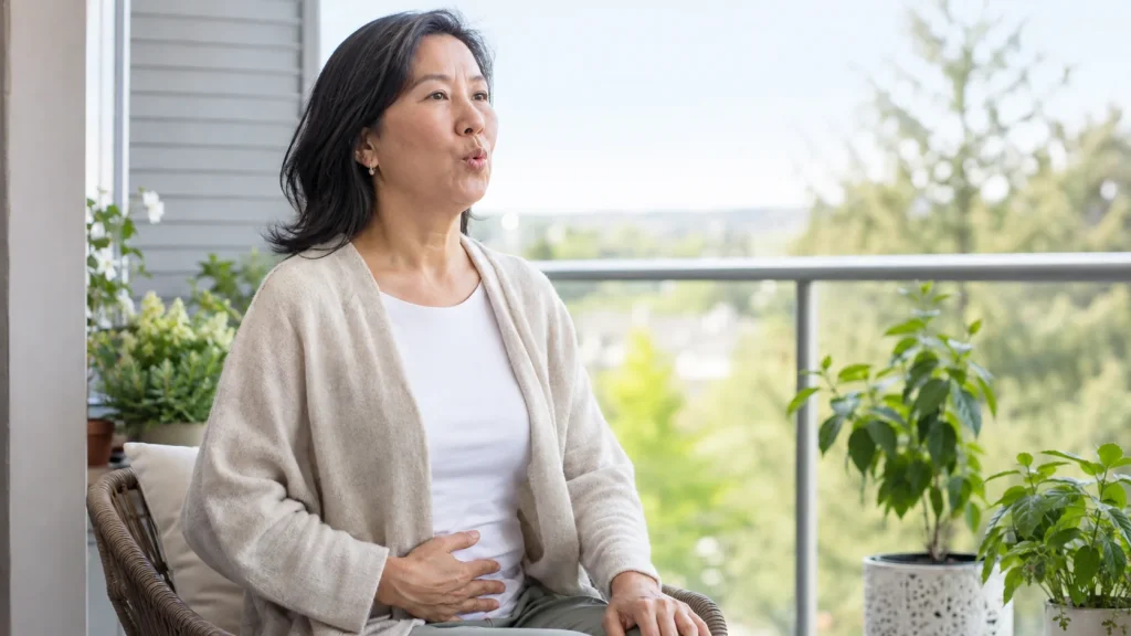 A woman standing by an open balcony door with houseplants, looking outside on a bright day.