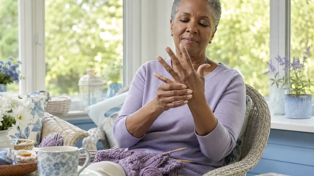 An older woman seated in a bright room, massaging her hands.